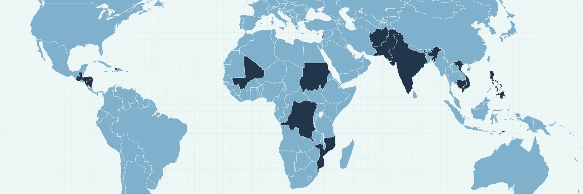 Carte du monde avec pays d'intervention en bleu