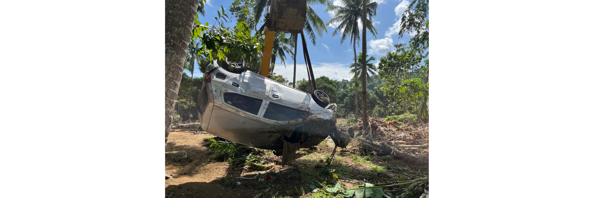 Une voiture renversée entourée de palmiers