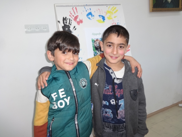 Gor and Arytom in a child friendly space set up by World Vision Armenia