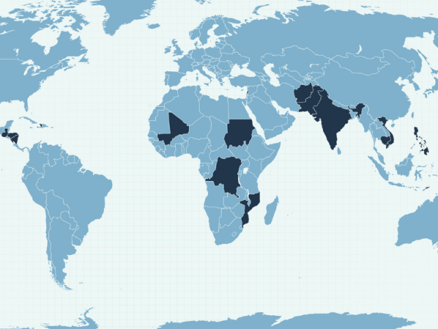 Carte du monde avec pays d'intervention en bleu